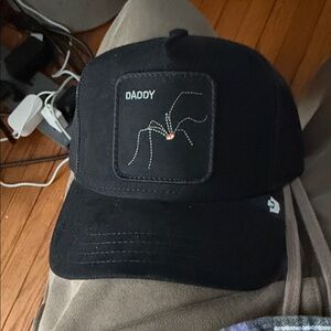 Black microsuede Trucker Hat with daddy long legs Spider Design goorin bros
